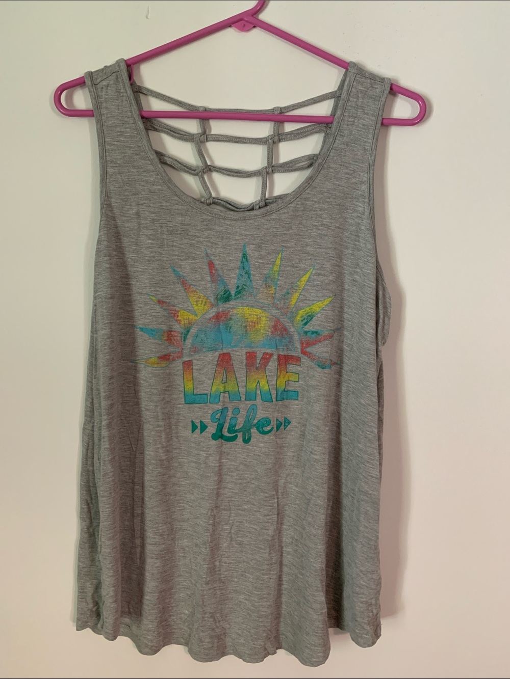 Maurices Gray 'Lake Life' Graphic Tank with Strappy Lattice Back